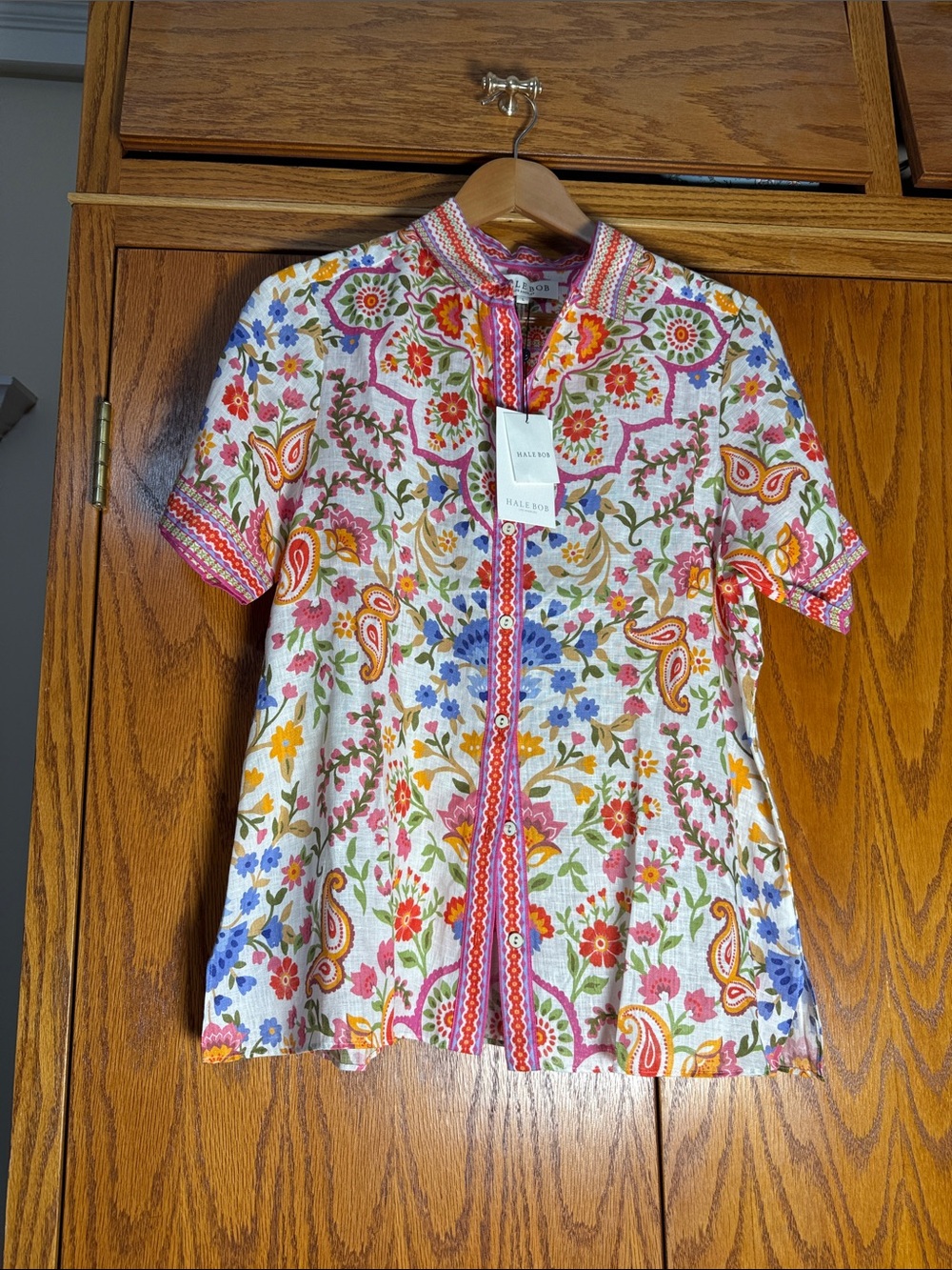 Hale Bob LinenWhite Multicolor Floral Button-Front Top